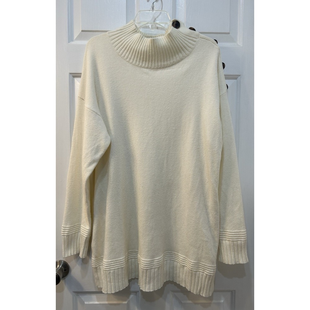 Anthropologie Mock Neck Margarita Tunic Sweater Sz XL Ivory Button Shoulder